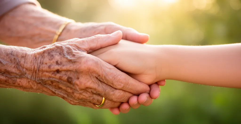 Mains de deux générations se touchant dans un geste symbolique de transmission